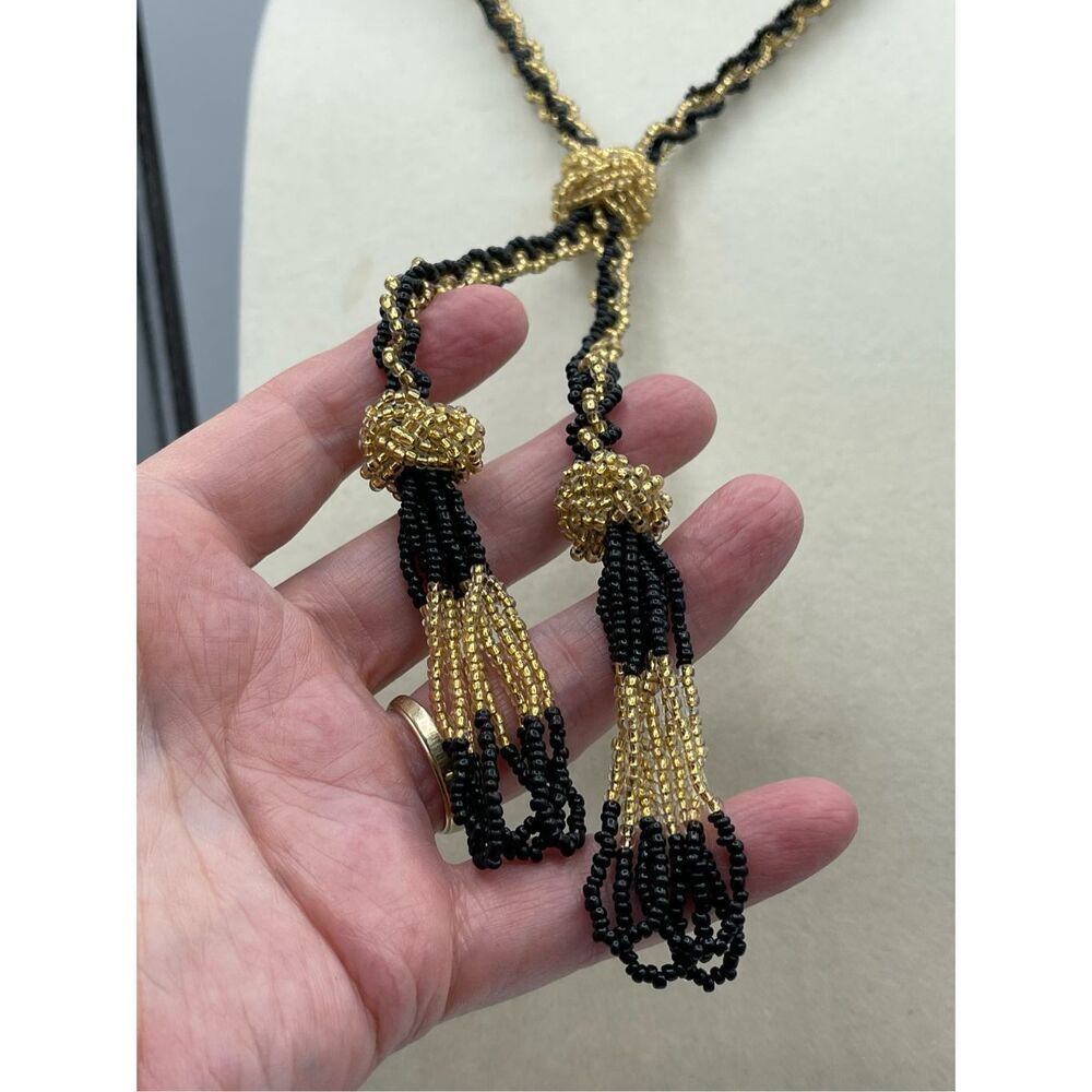 Vintage long seed bead flapper style black n gold necklace - Picture 7 of 11